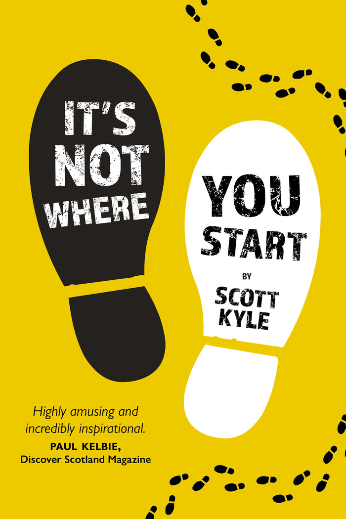 Book cover of 'It's Not Where You Start' by Scott Kyle with footprints and a yellow background.