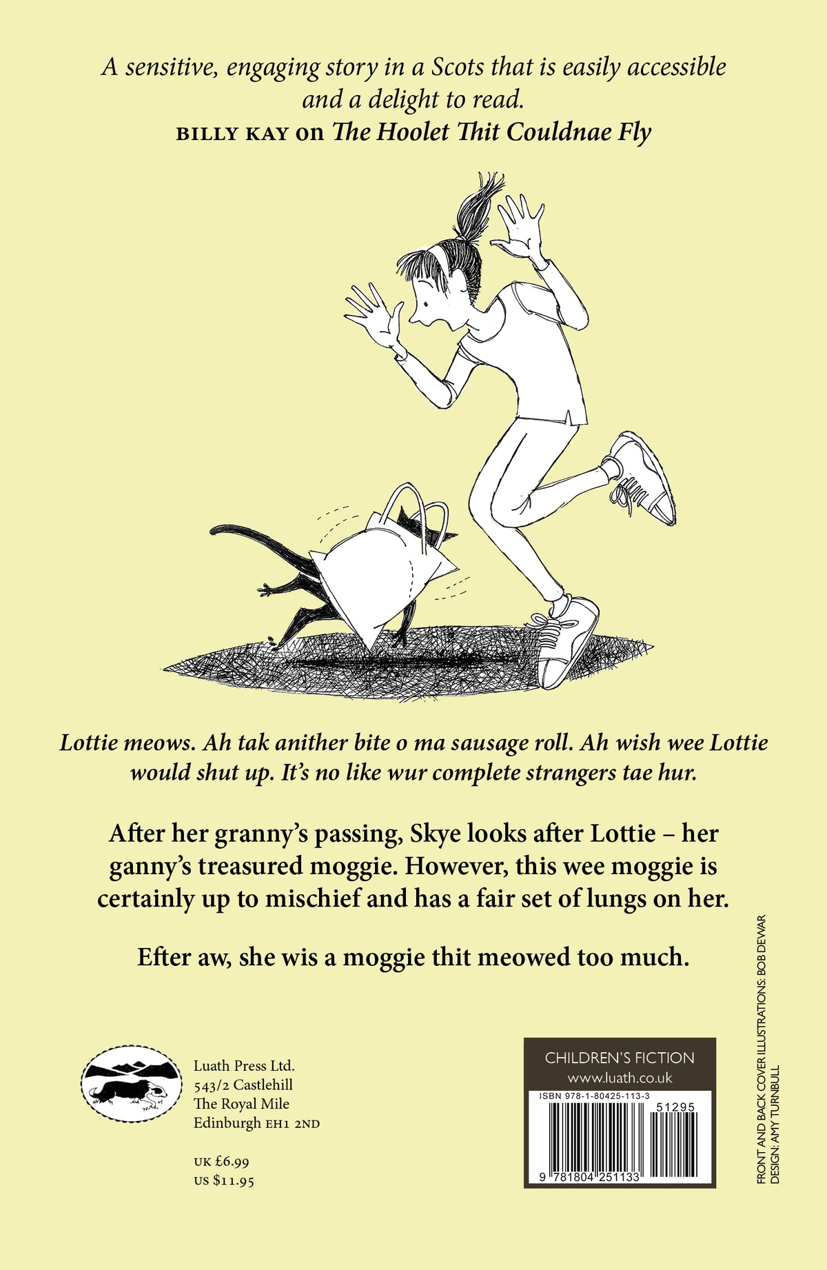 Book back cover with a cartoon illustration of a person running away from a cat, on a yellow background.
