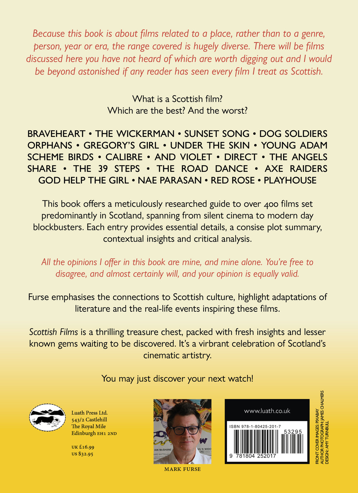 The back cover of scottish films by mark furse. describing the content of the bookl
