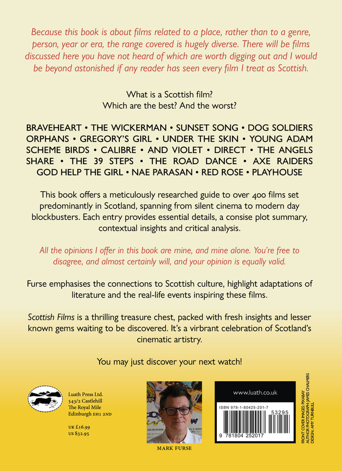 The back cover of scottish films by mark furse. describing the content of the bookl