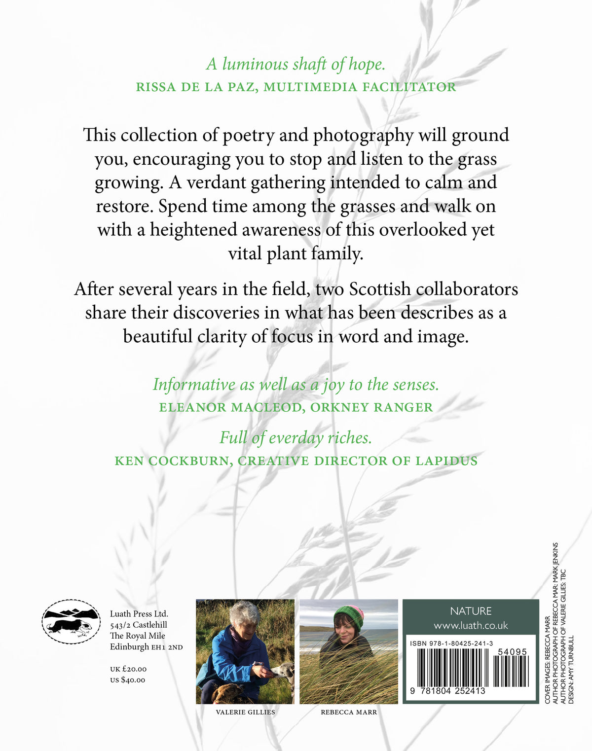 Back cover of a book with text and images of people in nature, featuring a white background with green text.