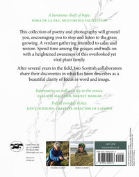 Back cover of a book with text and images of people in nature, featuring a white background with green text.