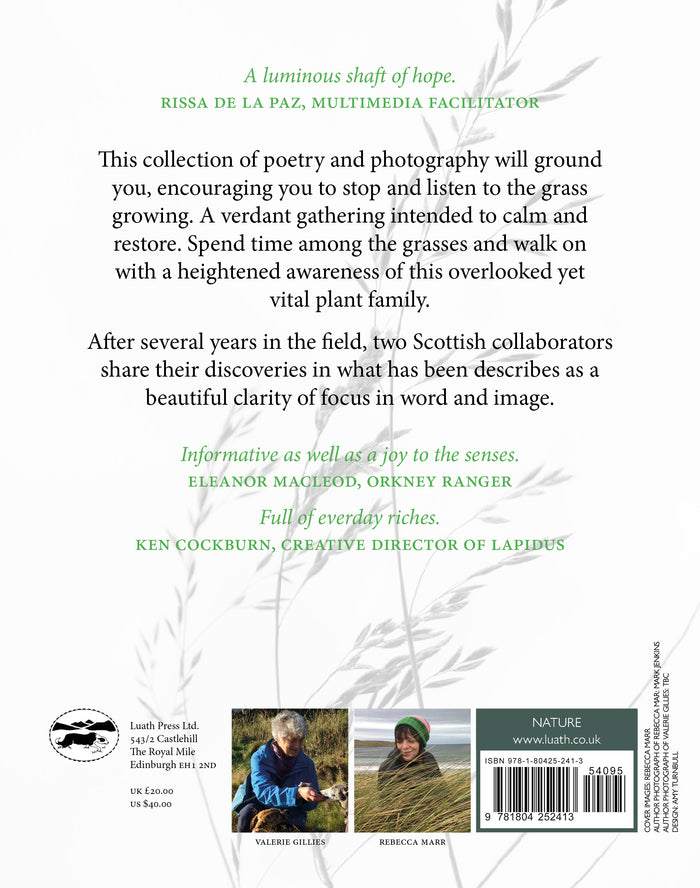 Back cover of a book with text and images of people in nature, featuring a white background with green text.