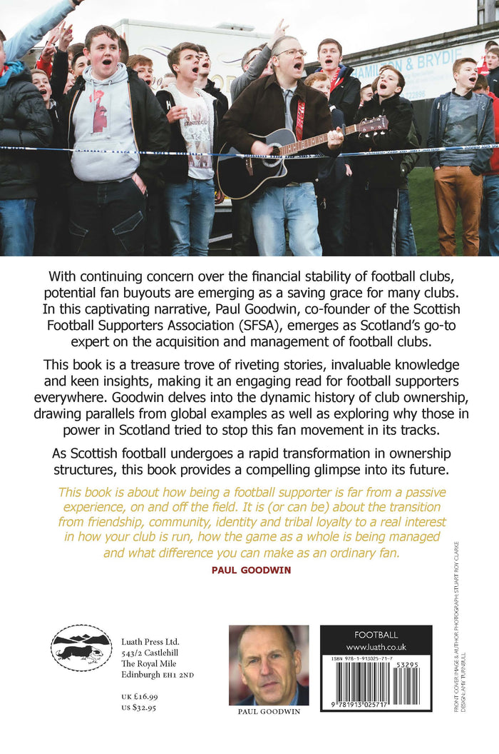 Book cover with text and images of people at a football event, featuring a guitar player.